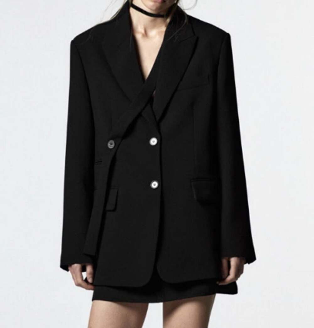 Zara Jacket Women Small Oversized Selfstrap Blazer Black Minimalist Office Siren
